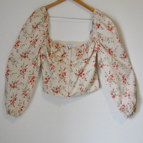 WeWoreWhat Ruched Dainty Floral Top Bustier Pouf Sleeves Cream Pink NEW Large - Picture 5 of 15